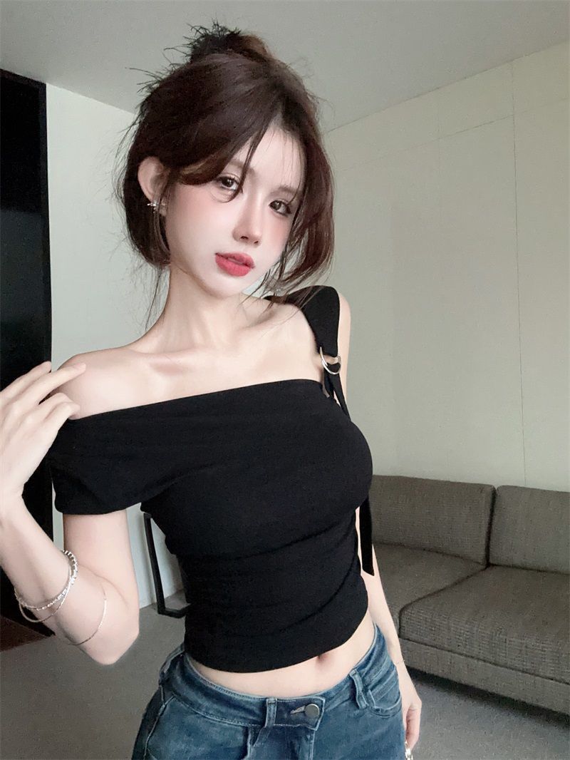 💕不規則斜領露肩露臍短袖上衣