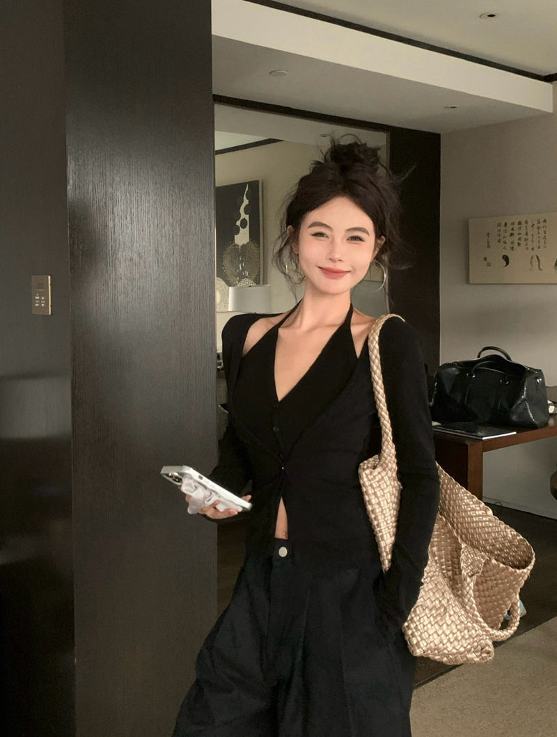 💕秋冬性感吊帶掛脖顯瘦假兩件打底上衣