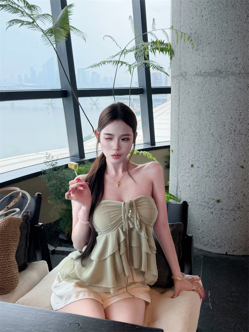 💕氣質重工荷葉邊綁帶掛脖上衣