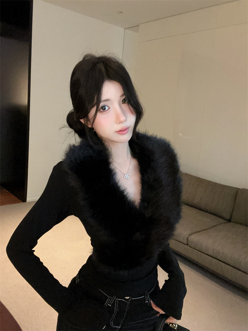 💕純欲辣妹毛領拼接V領長袖修身上衣