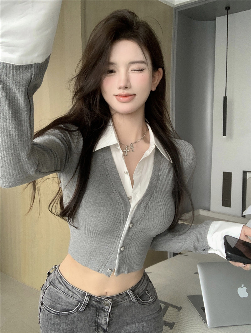 💕純御辣妹修身短款黑色假兩件長袖襯衫