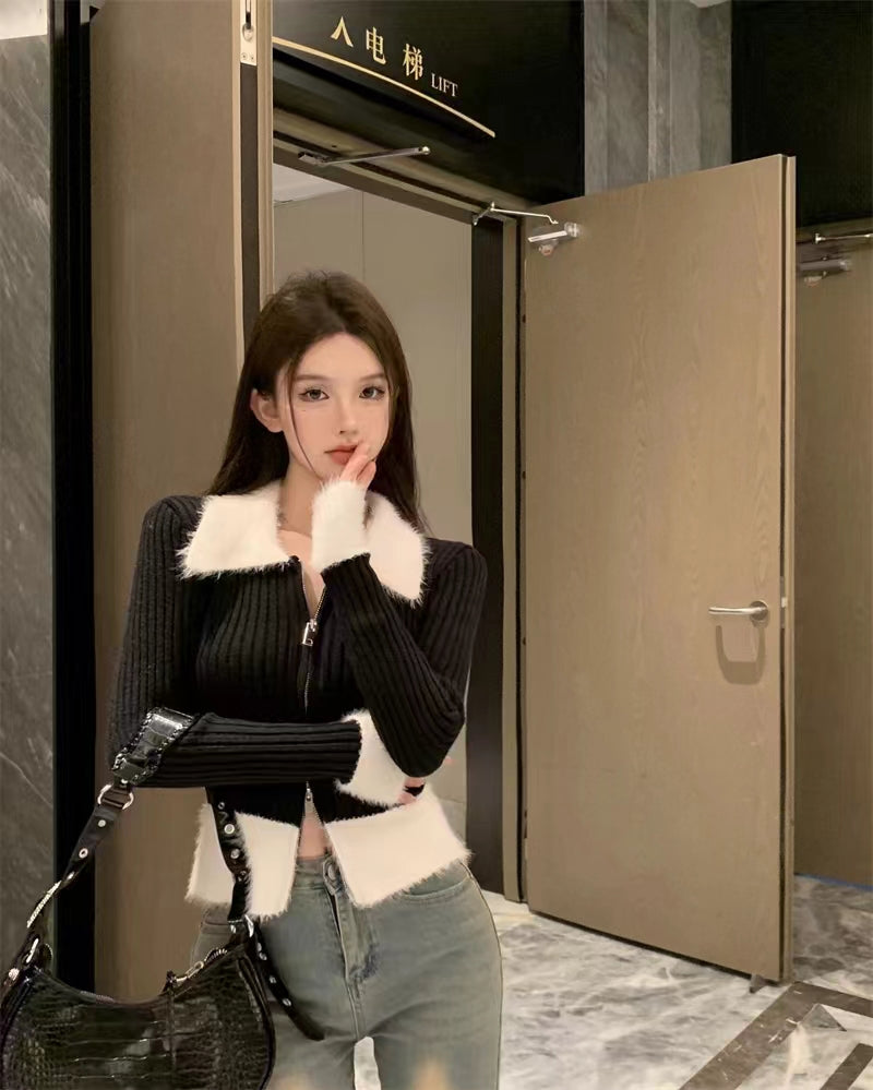 💕氣質短款polo毛毛領針織拉鍊修身上衣