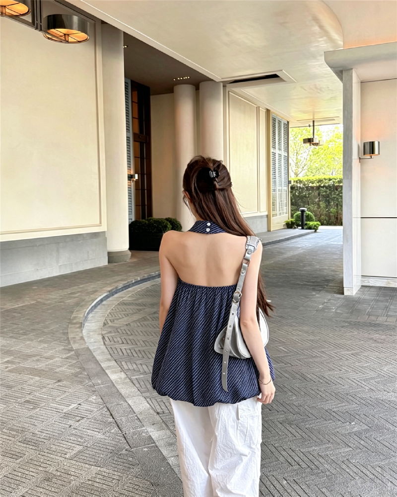 💕氣質掛脖黑白條紋抹胸花苞無袖上衣