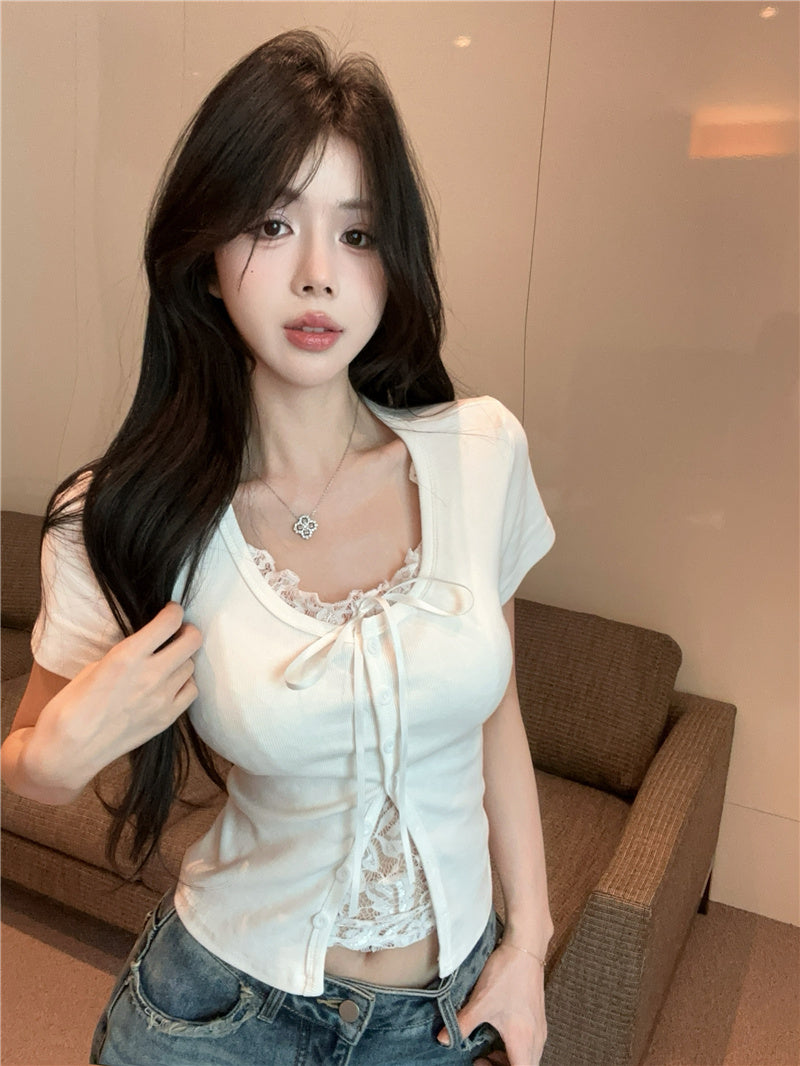 💕高級感假兩件短袖拼接蕾絲上衣