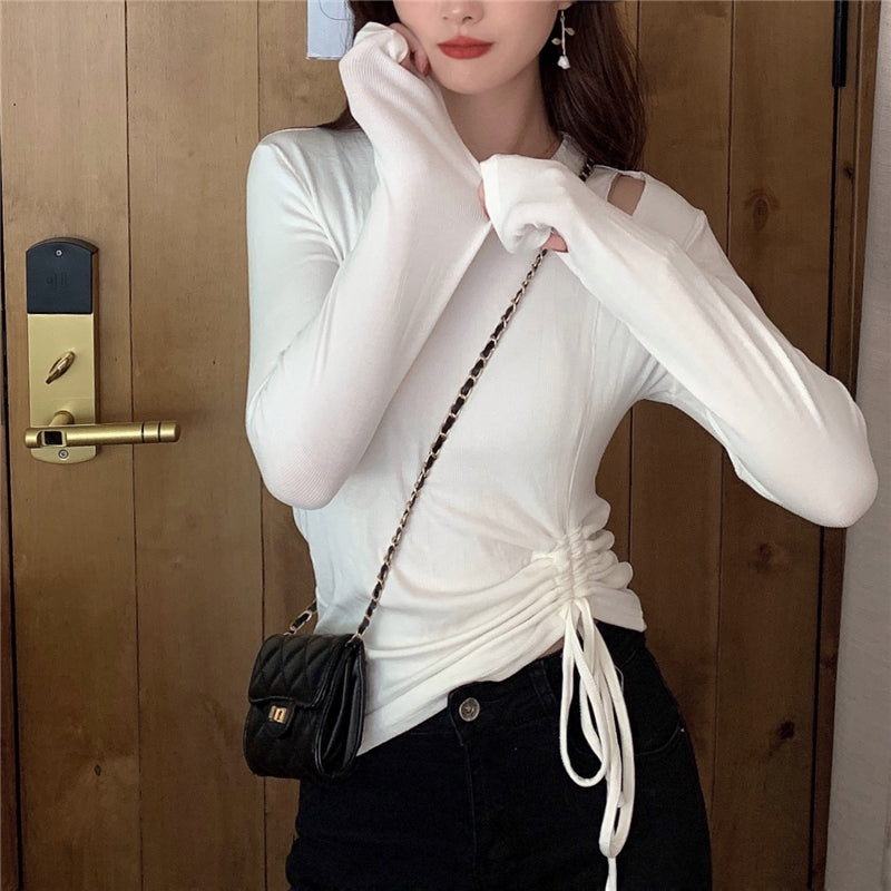 💕純色百搭鏤空側邊抽繩彈力打底上衣