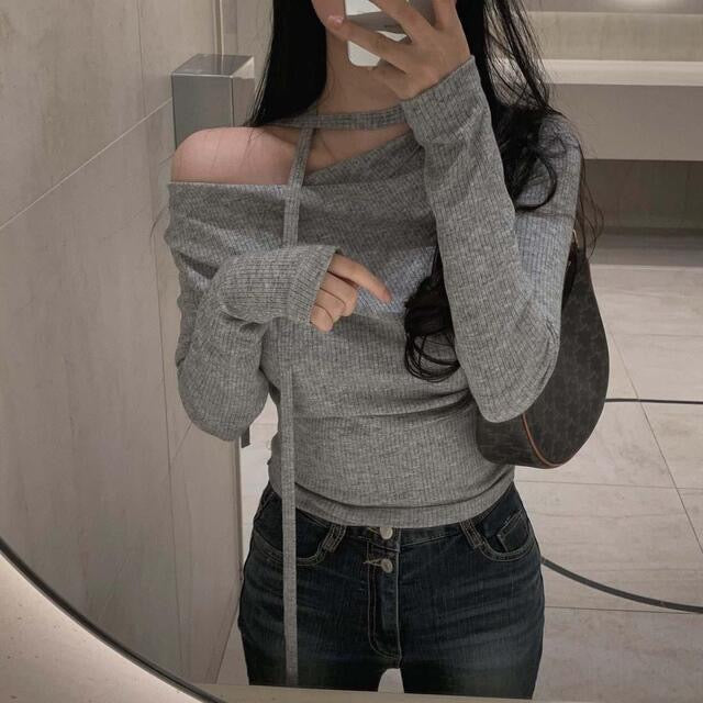 💕溫柔春秋純欲露肩+飄帶顯瘦法式上衣