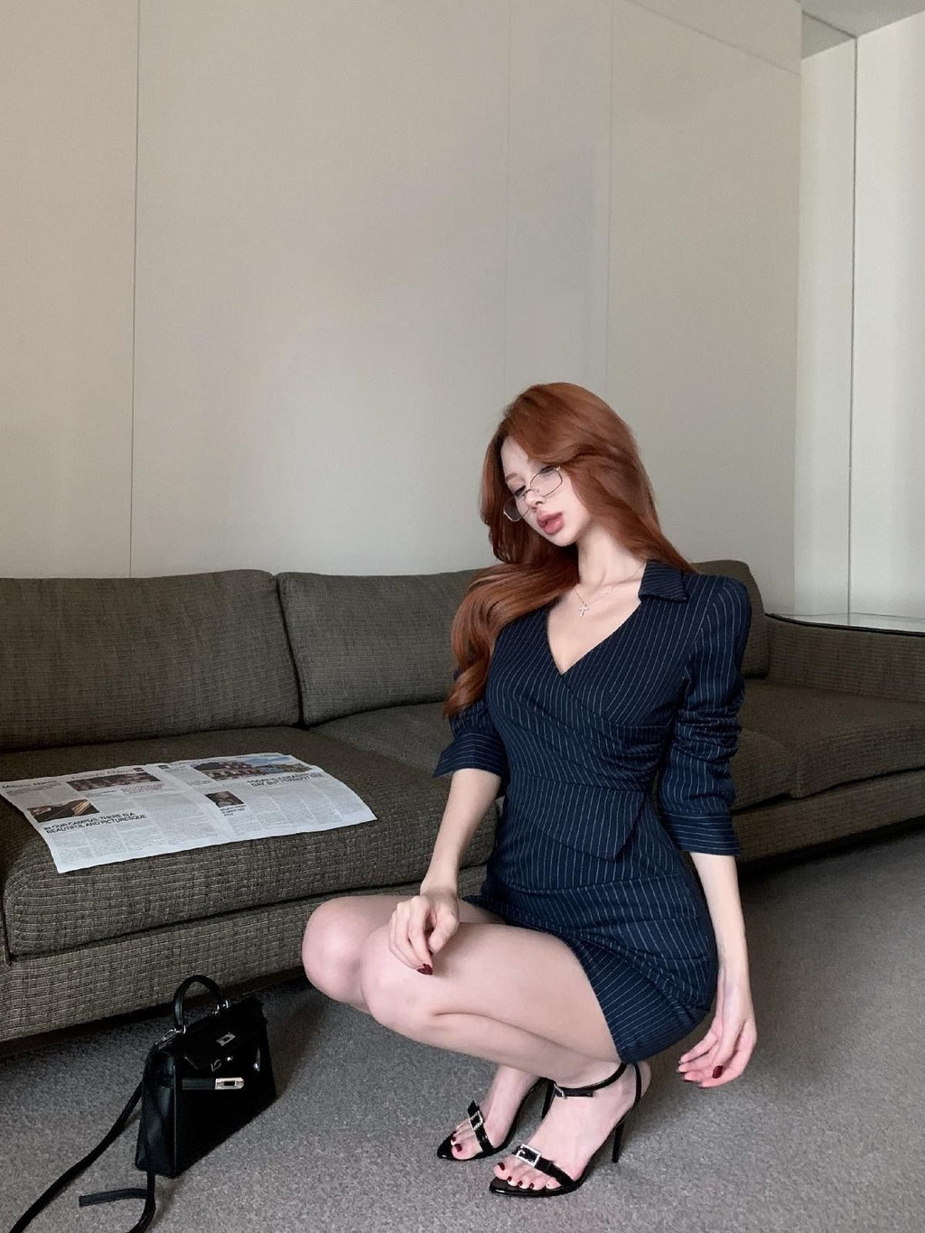 💕高級性感法式條紋V領長袖襯衫連衣裙