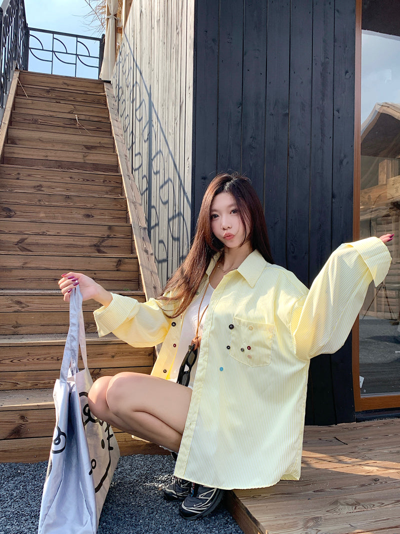 💕青春寬鬆百搭別緻彩色鈕扣條紋襯衫