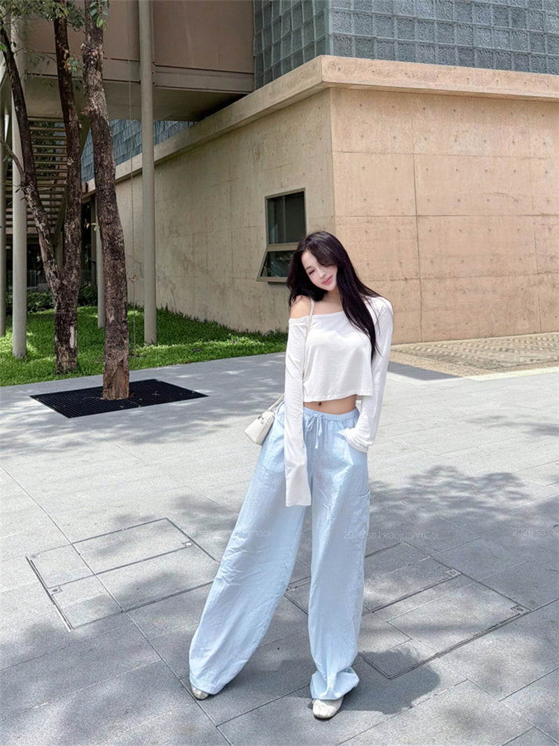 💕溫柔懶人斜肩長袖短款露臍上衣&條紋寬褲兩件套