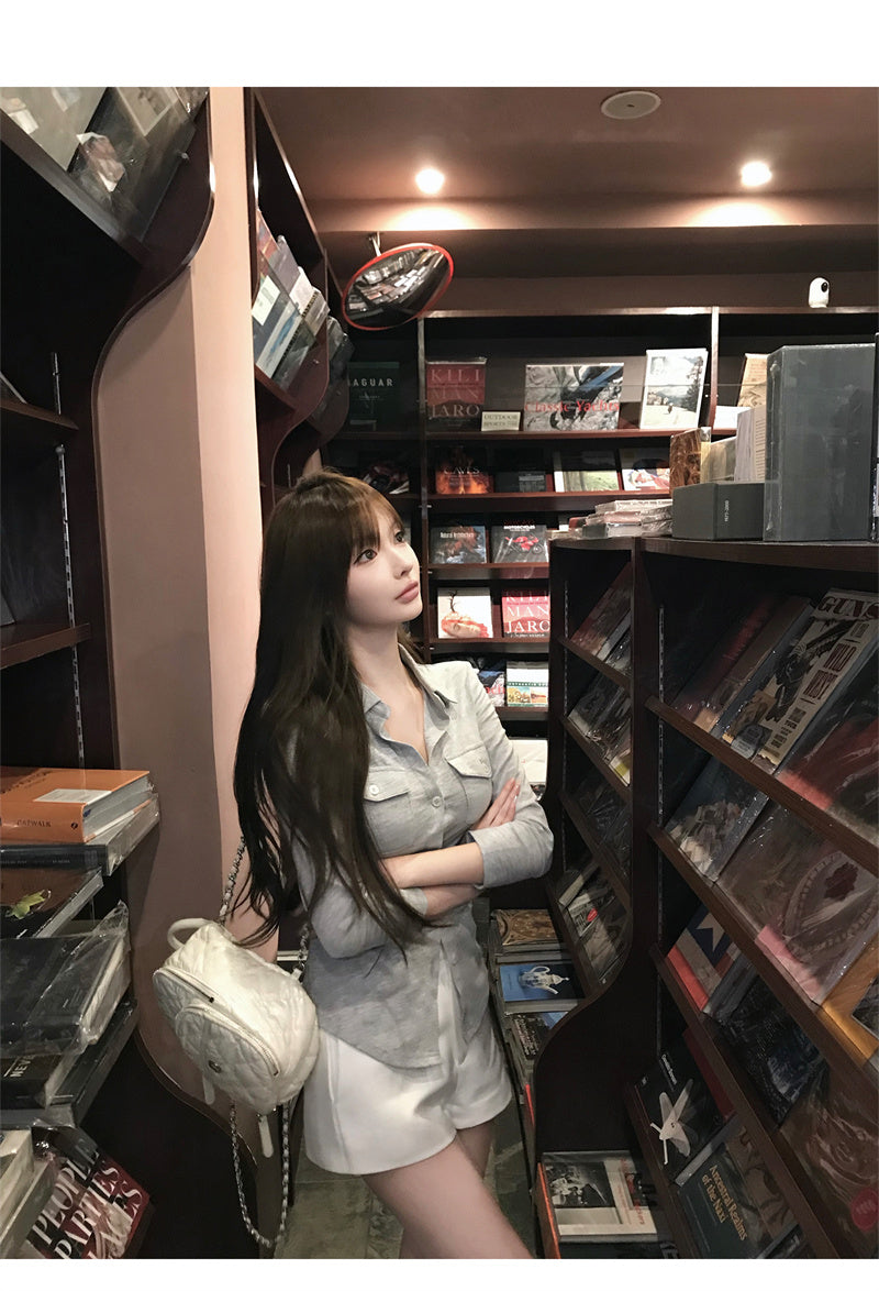 💕氣質翻領長袖收腰鈕扣襯衫