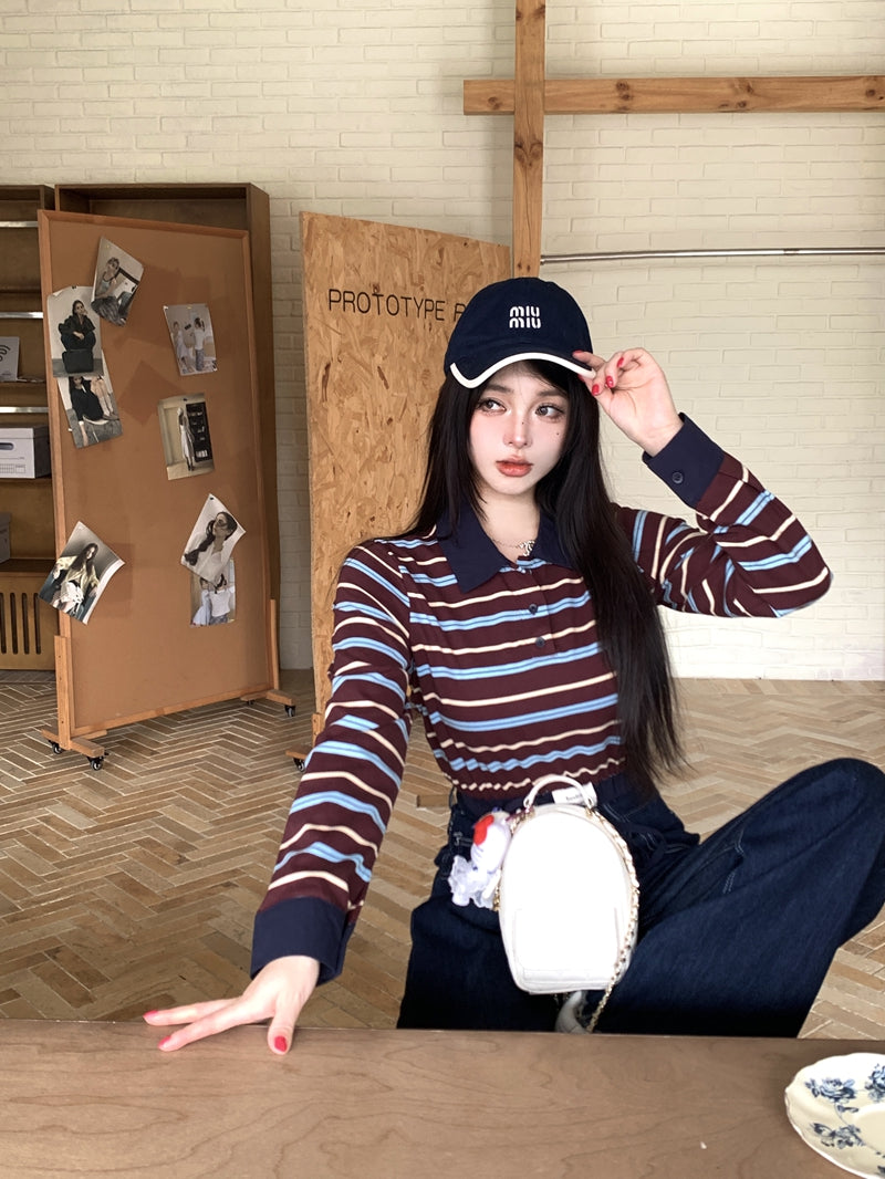 💕復古時尚撞色條紋拼接POLO長袖上衣