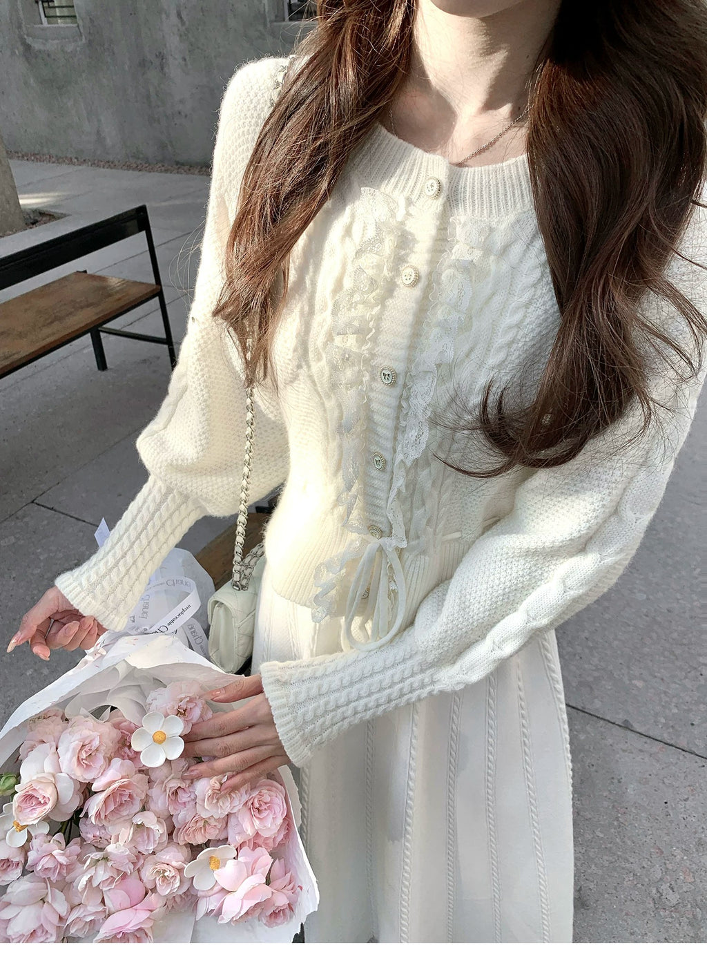 💕繁華勾花宮廷千金感花邊系帶毛衣外套
