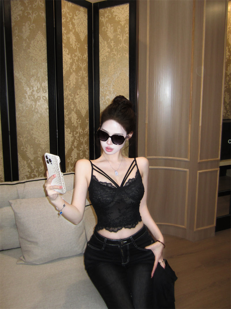 💕性感微透網紗長袖V領蕾絲吊帶內搭上衣兩件套