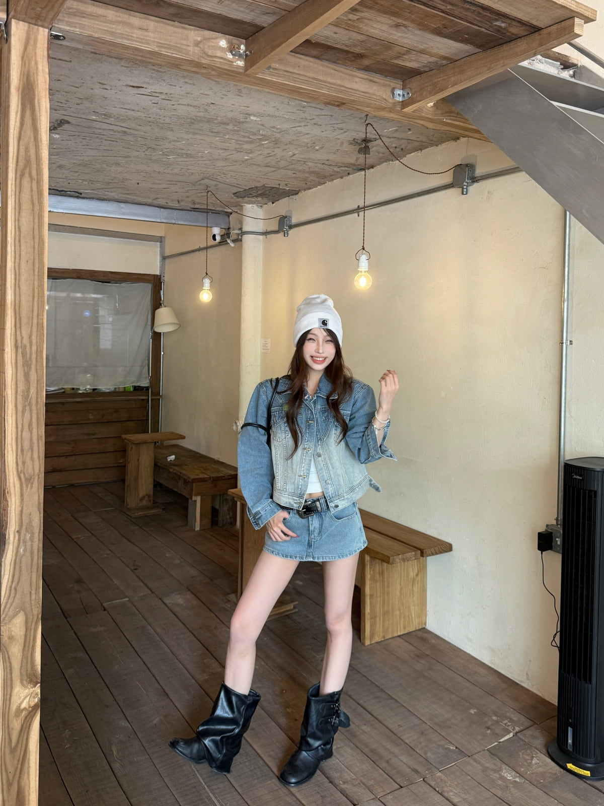 💕韓系高級復古水洗磨白漸變短款牛仔外套