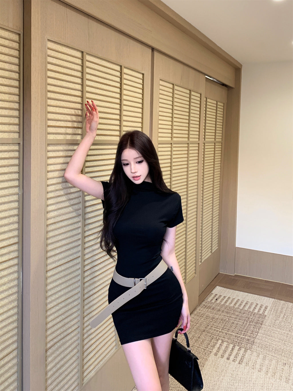 💕韓系法式高級感半高領短袖連衣裙