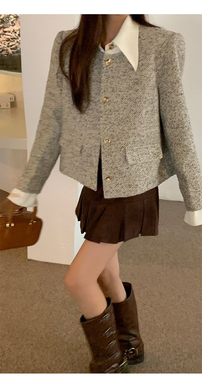 💕韓系秋冬假兩件拼接小香風加墊肩外套