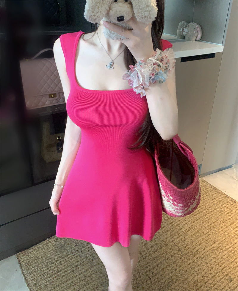 💕夏季法式方領針織連衣包臀短裙