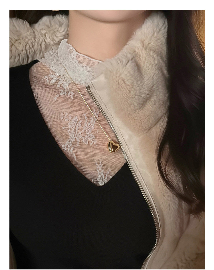 💕白色V領假兩件蕾絲打底衫上衣