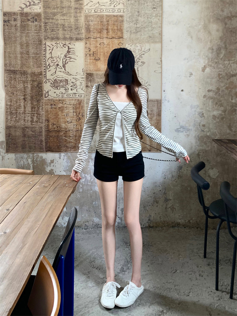 💕秋季假兩件長袖顯瘦短款上衣