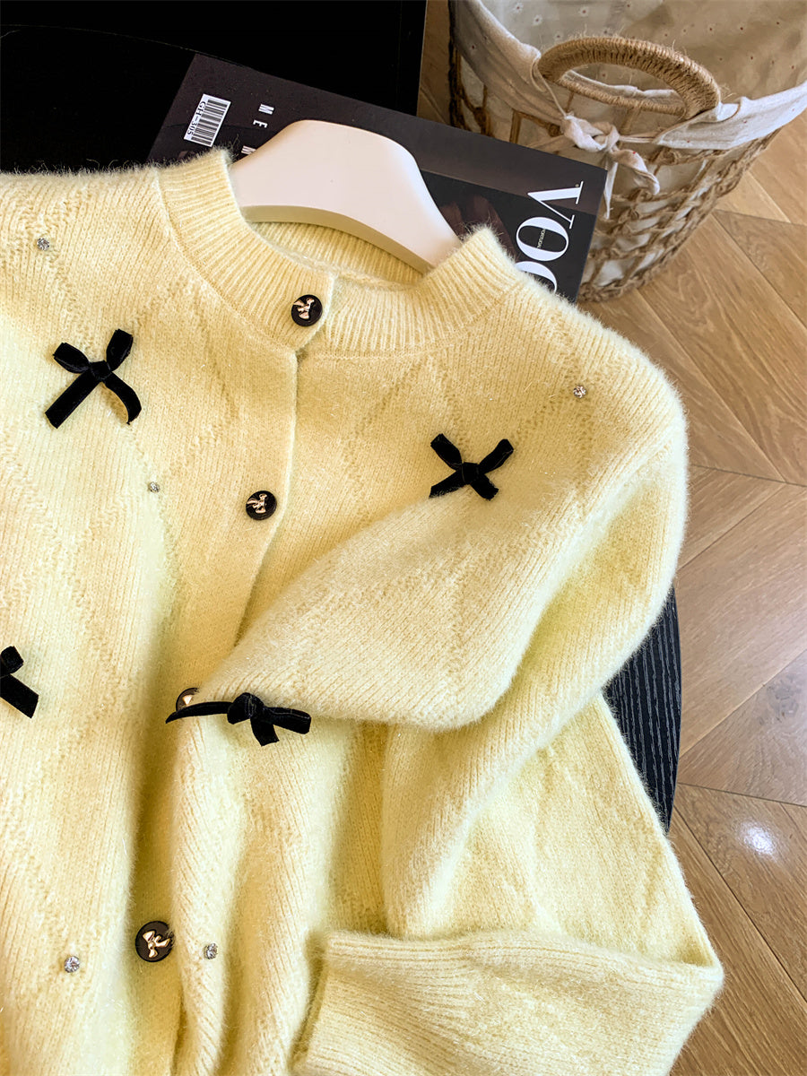 💕韓系軟糯立體蝴蝶結釘珠針織開衫毛衣