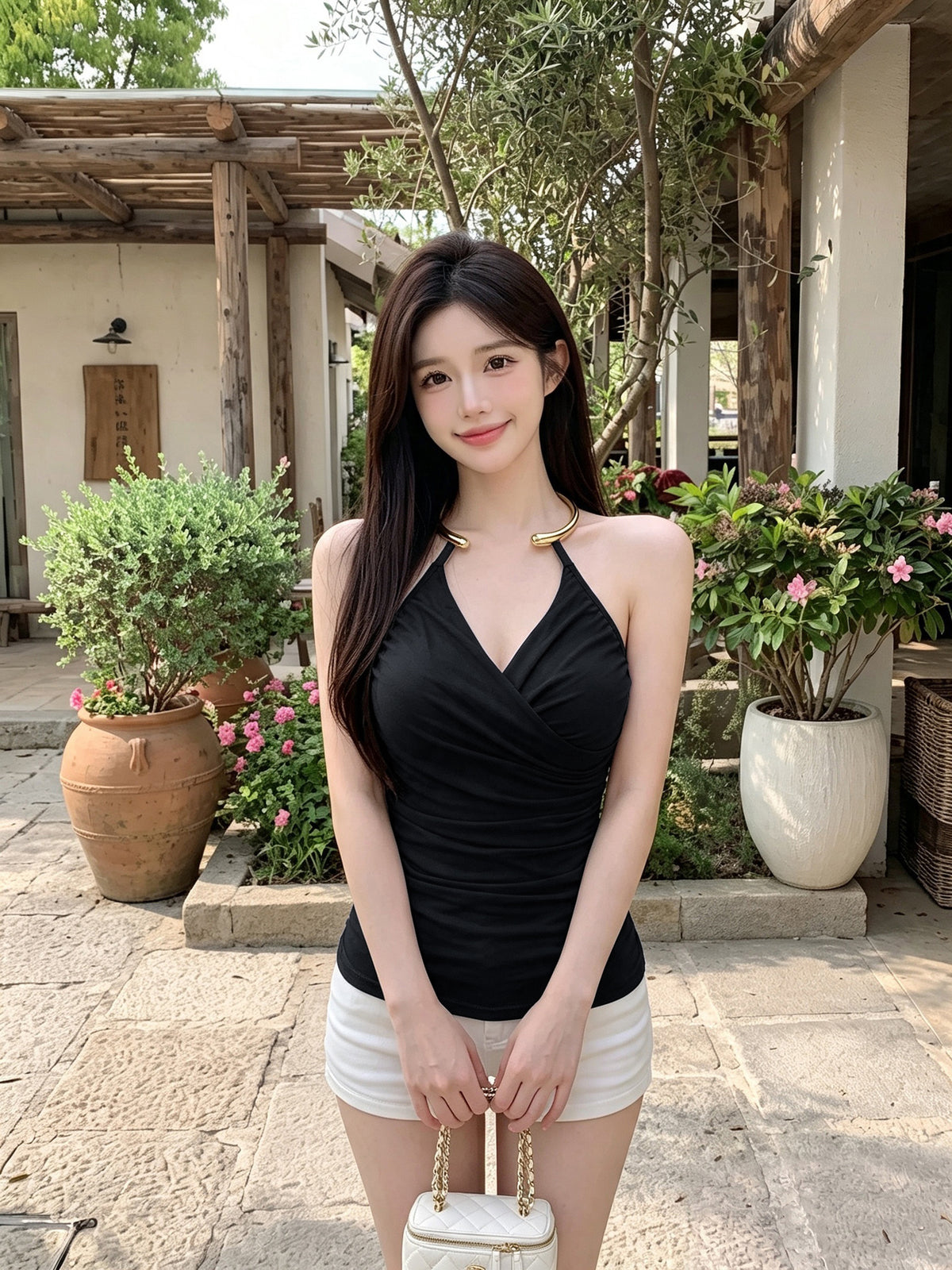 💕V領美背金屬掛脖帶胸墊上衣