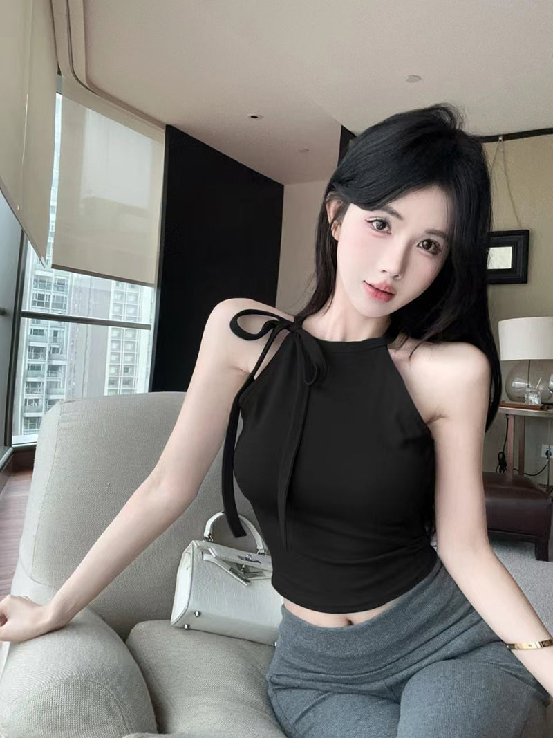 💕法式優雅飄帶蝴蝶結短版上衣