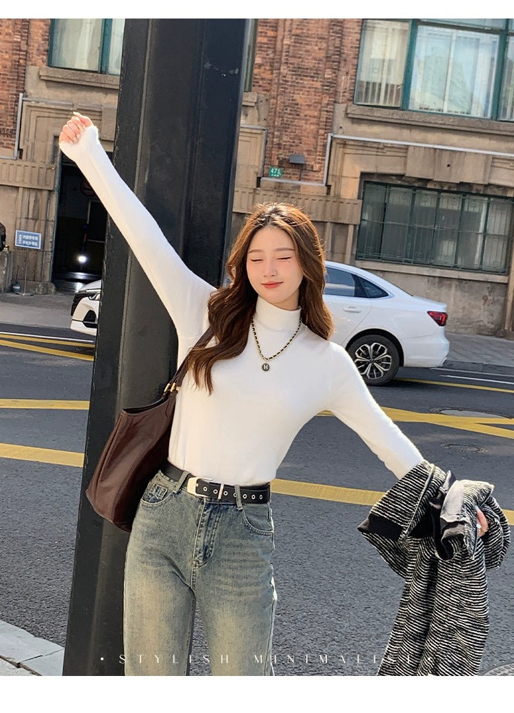 💕秋冬簡約內刷毛半高領別緻保暖上衣