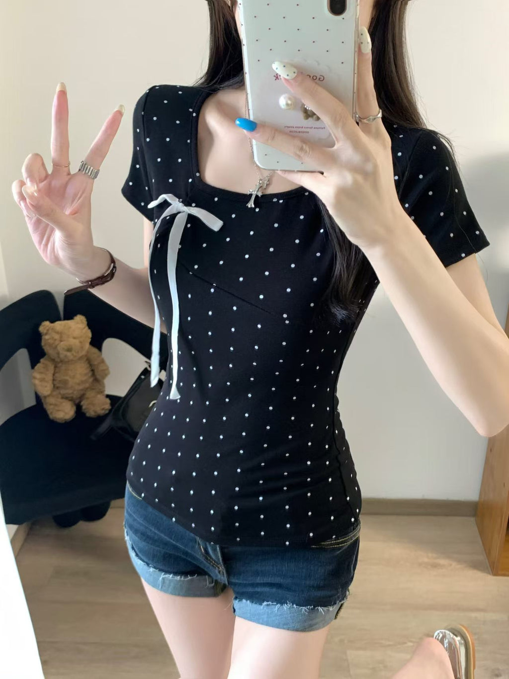 💕簡約百搭休閒帶胸墊蝴蝶結點點正肩上衣