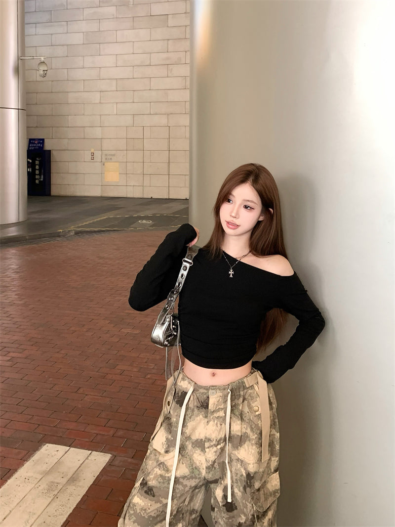 💕簡約通勤絕美基礎款斜肩磨毛上衣