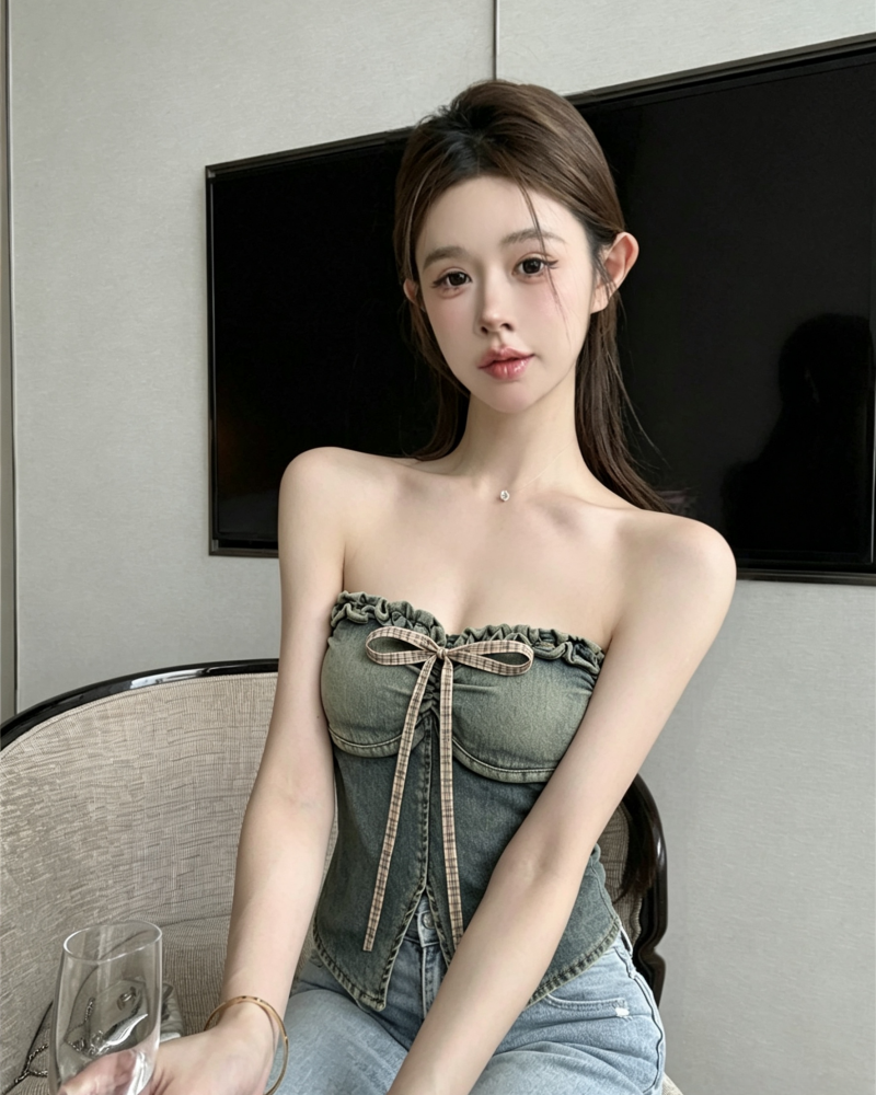 💕不規則蝴蝶結牛仔一字肩抹胸上衣