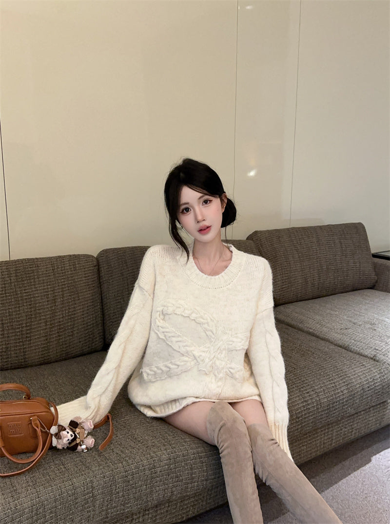💕復古慵懶高級感軟糯蝴蝶結圓領上衣