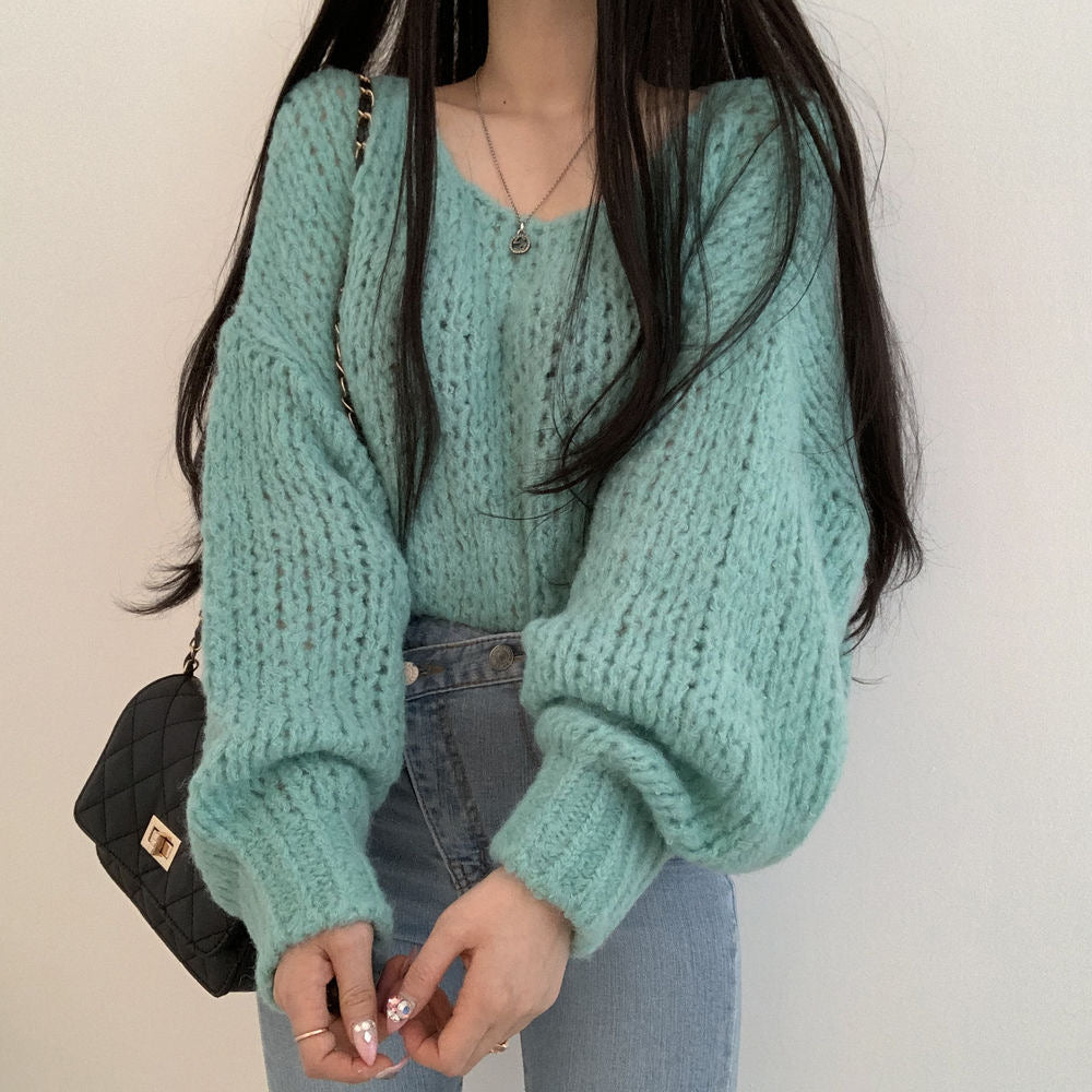 💕韓系chic春秋百搭寬鬆燈籠袖針織上衣