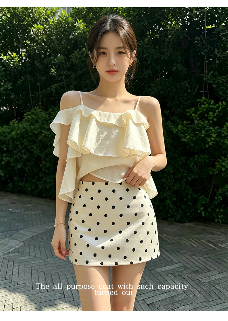 💕俏皮法式緞面點點低腰A字短褲裙