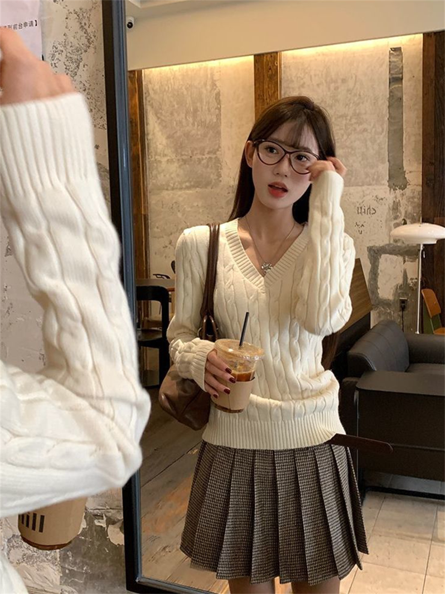 💕韓系慵懶風V領麻花加厚寬鬆毛衣
