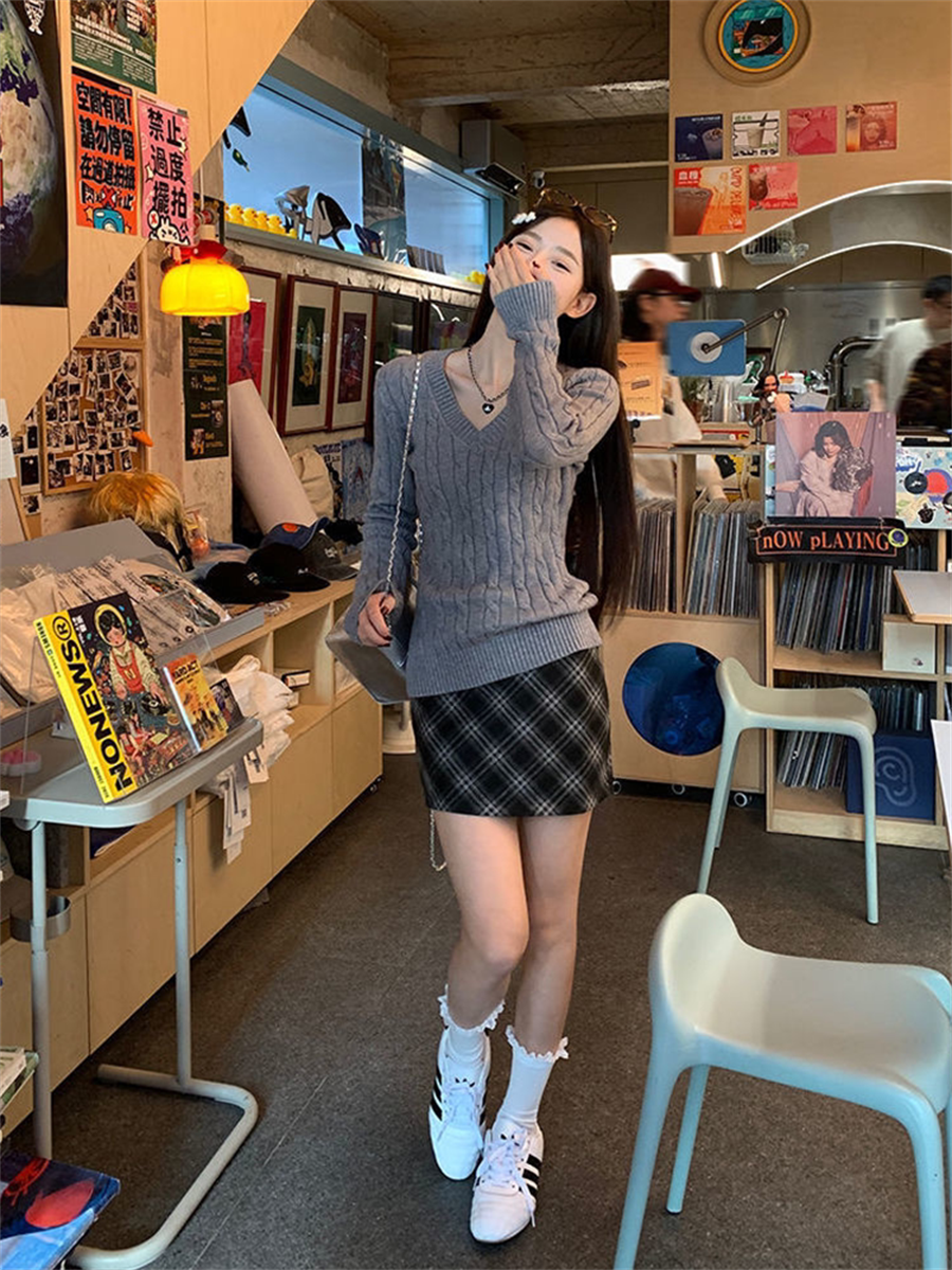 💕韓系慵懶風V領麻花加厚寬鬆毛衣