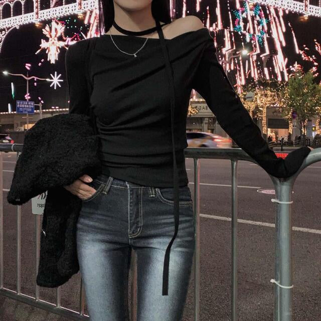 💕溫柔春秋純欲露肩+飄帶顯瘦法式上衣