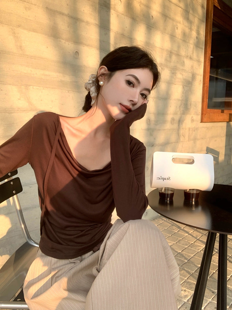 💕春夏甜美溫柔舒適盪領飄帶長袖上衣