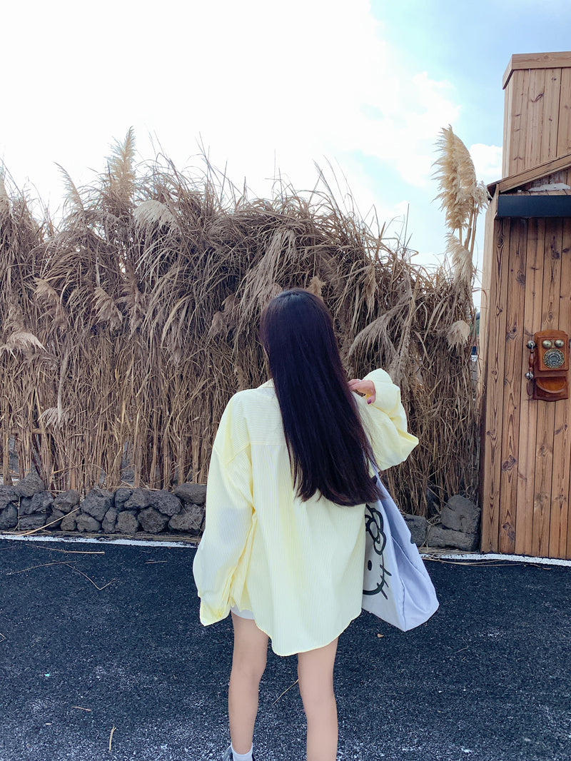 💕青春寬鬆百搭別緻彩色鈕扣條紋襯衫