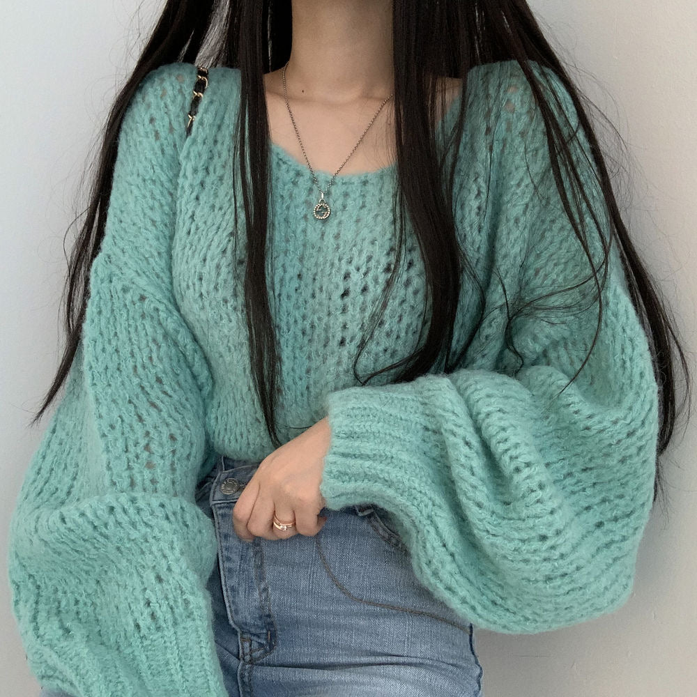 💕韓系chic春秋百搭寬鬆燈籠袖針織上衣