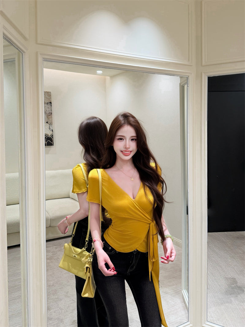 💕氣質優雅交叉V領綁帶T袖上衣