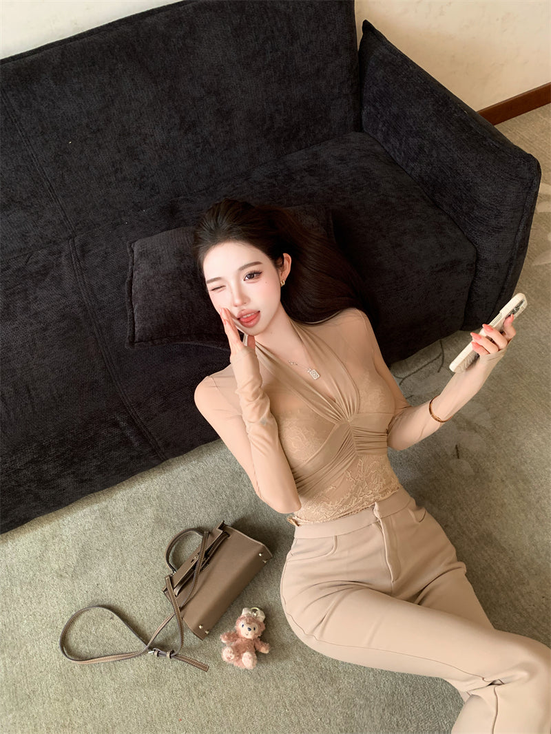 💕性感微透網紗長袖V領蕾絲吊帶內搭上衣兩件套