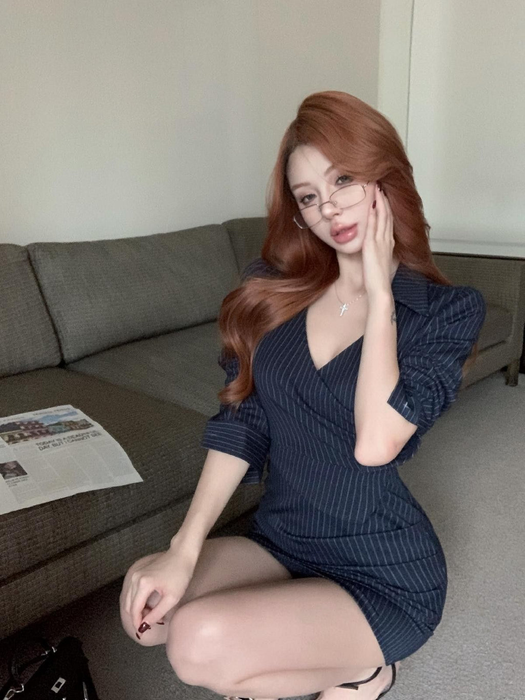 💕高級性感法式條紋V領長袖襯衫連衣裙