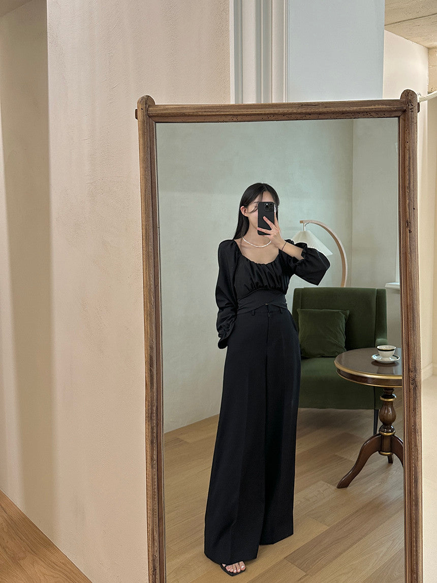 💕chic韓系通勤百搭高腰闊腿喇叭長褲