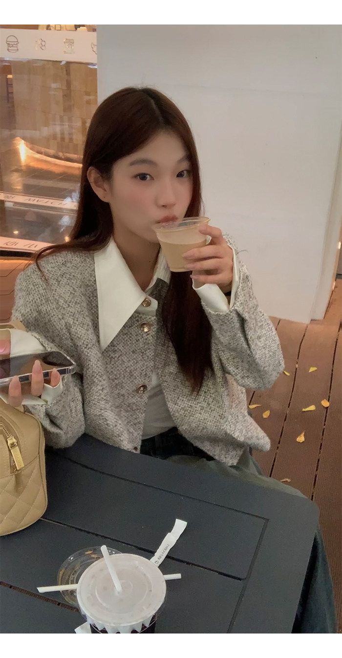💕韓系秋冬假兩件拼接小香風加墊肩外套