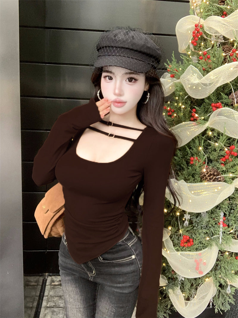 💕氣質設計感褶皺雙條扣低胸上衣