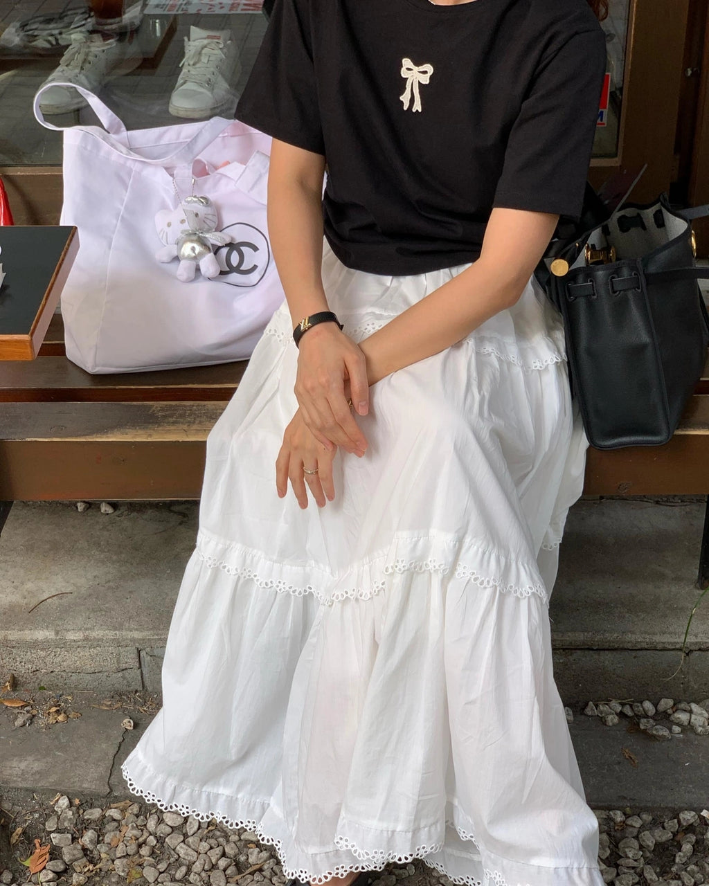 💕韓系東大門復古高腰拼接蕾絲邊蛋糕休閒長裙