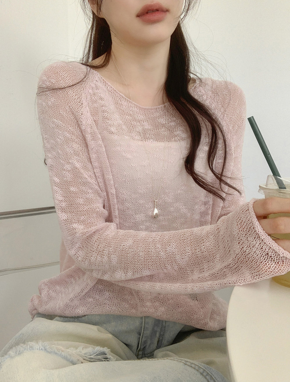 💕韓系慵懶捲邊寬鬆純色中長針織罩衫