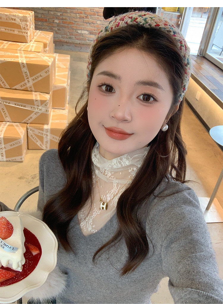 💕白色V領假兩件蕾絲打底衫上衣