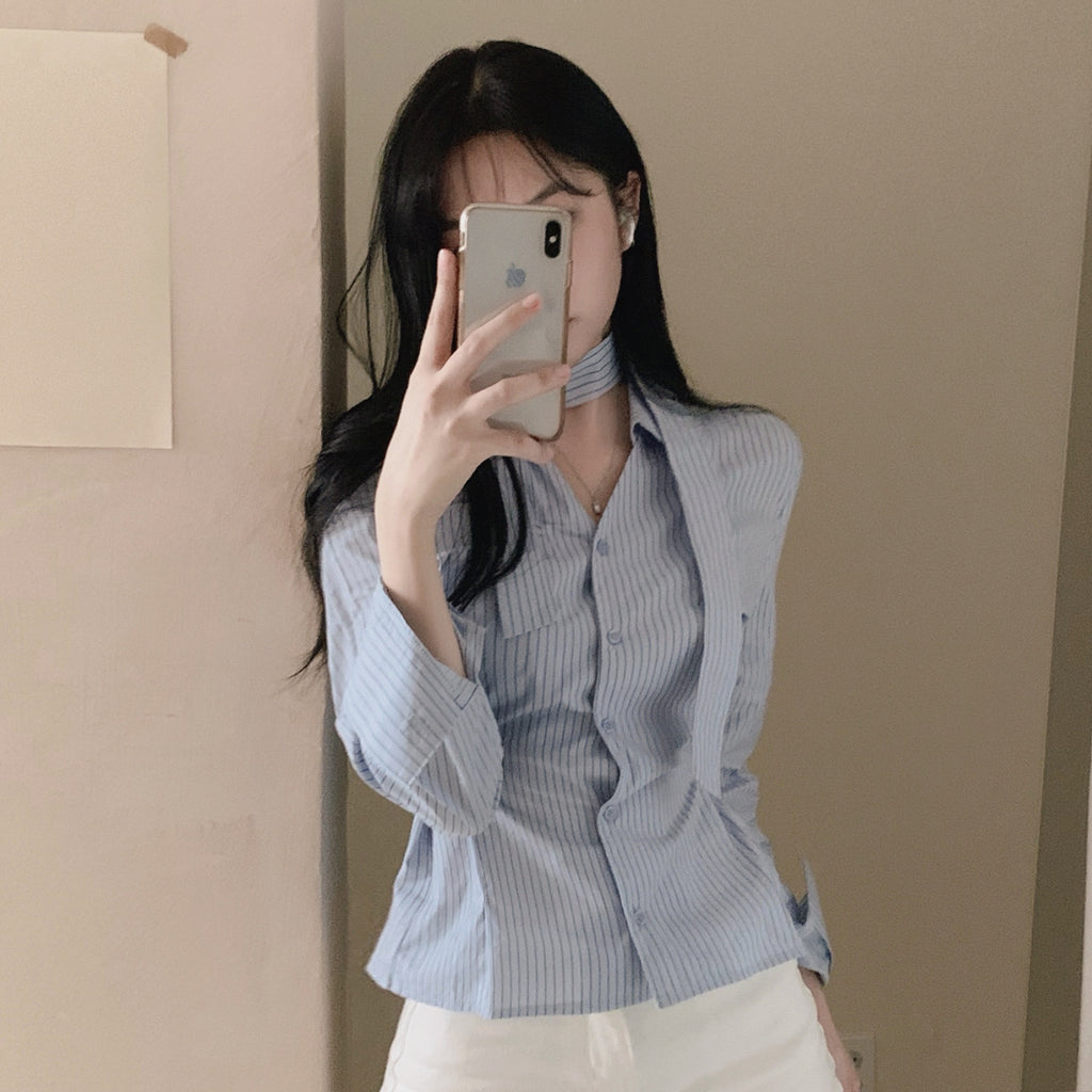 💕韓系小眾V領飄帶收腰百搭條紋上衣