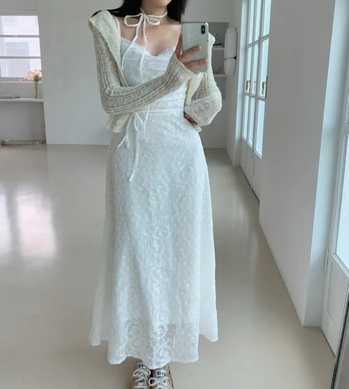 💕ihs系溫柔蕾絲性感露背鬆緊系帶收腰吊帶長裙